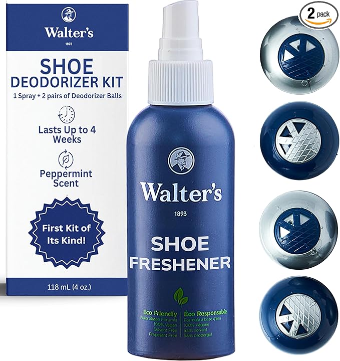 Shoe Deodorizer Spray & Odor Eliminator Kit - Shoe Spray for Smelly Shoes, Feet & Gym Bags | Peppermint Scent | Odor Removal & Shoe Cleaning Solution | 4 fl oz Spray + 2 Pairs of Deodorizer Balls