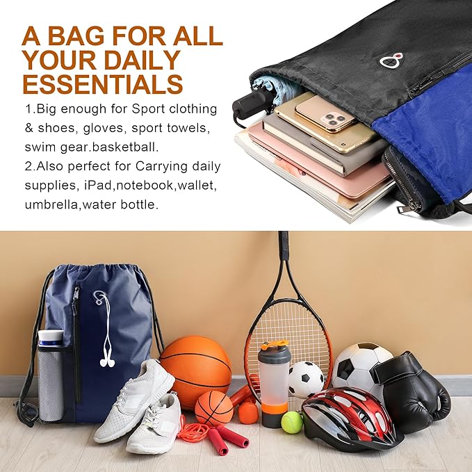 BeeGreen Royalblue Drawstring Backpack Gym Bag For Men & Women – Sports Sackpack with Mesh Water Bottle Holder & 2 Zippered Pockets – Large 16x20 Inch Cinch String Backpack