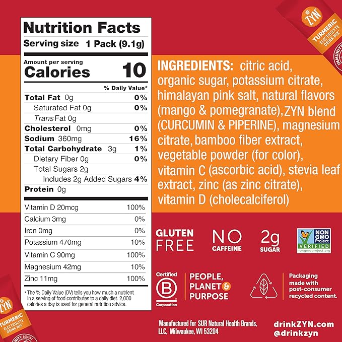 ZYN Electrolyte Drink Mix Hydration Packets, Mango Pomegranate Electrolytes Powder, Pack of 32