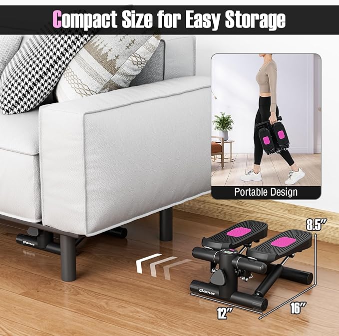 Goplus Steppers for Exercise at Home, Intensity Adjustable Hydraulic Mini Stepper w/Resistance Bands & LCD Monitor, Quiet & Portable Small Cardio Exercise Machine for Home Office or Under Desk