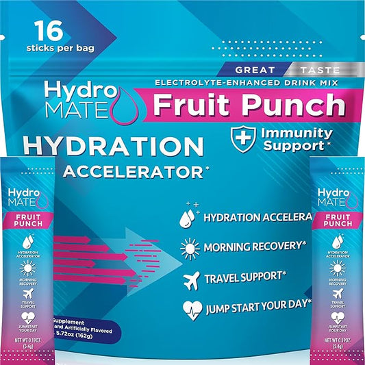 HydroMATE Electrolyte Powder Fruit Punch Hydration Packets Low Sugar 16 Count