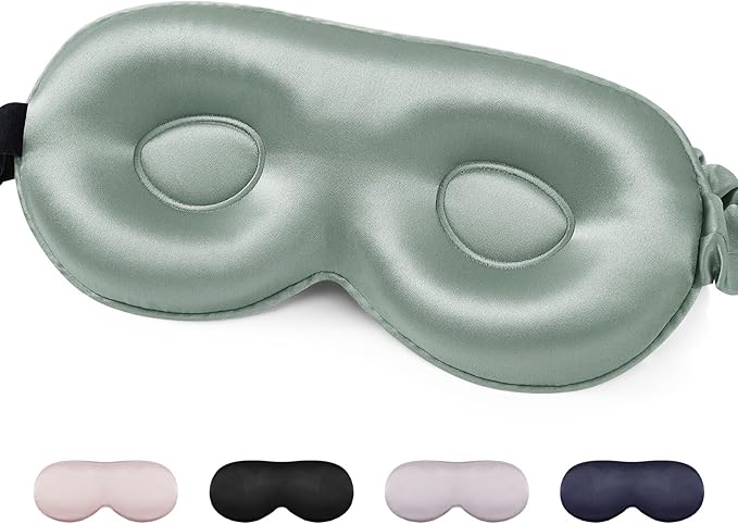 100% Mulberry Silk Sleep Mask for Unisex, 22 Momme 3D Silk Contoured Eye Mask, Breathable Light Blocking Blindfold with Adjustable Strap, Blackout Eye Cover for Travel, Grayish Green