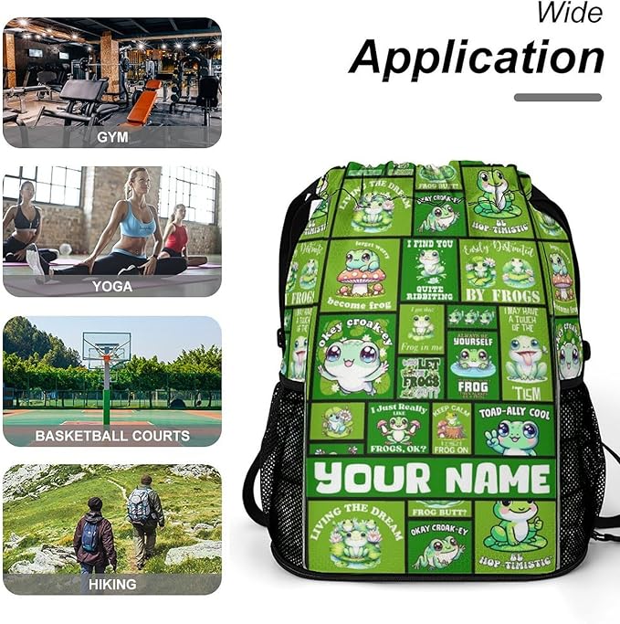 Custom Frog Drawstring Backpack - Cute Cinch Sack, String Backpacks with Pocket for Kids Women Men Boys Girls for Gym Outdoor Sports Travel Athletic Drawstring Bag - Lightweight/Foldable