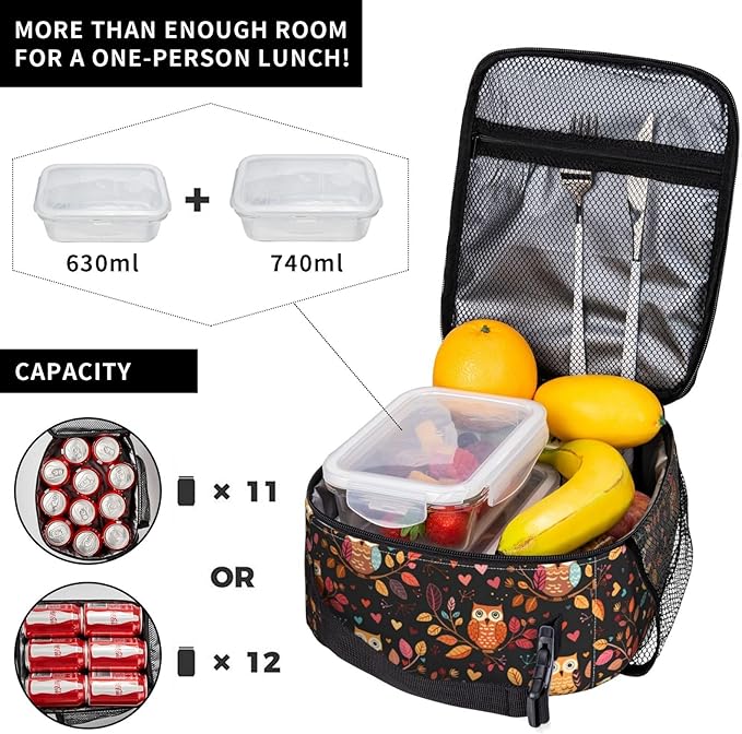 Cute Owl Lunch Box for Women Adults Kids, Insulated Cooler Lunch Bag for Picnic, School, Office, Travel, Work, Portable Reusable Polyester Tote Thermal Lunch Bags (Colorful Owl)