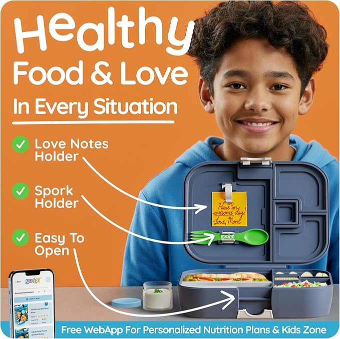 YOOPI Bento Box for Kids, Leak-Proof, BPA-Free School Bento Lunch Box Containers with Compartments. Online Healthy Meal Planning, Durable, Easy-Clean, Eco-Friendly Lunchbox for Boys (Dark Blue)
