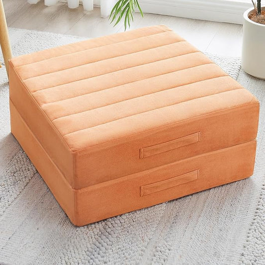 2 Pcs High Density Foam Floor Pillow - Upgraded Large Pillows Seating for Adults - Outdoor Floor Cushion with Soft Tufted Cover - Yoga Pillows for Sitting On Floor - 22 Inch Orange