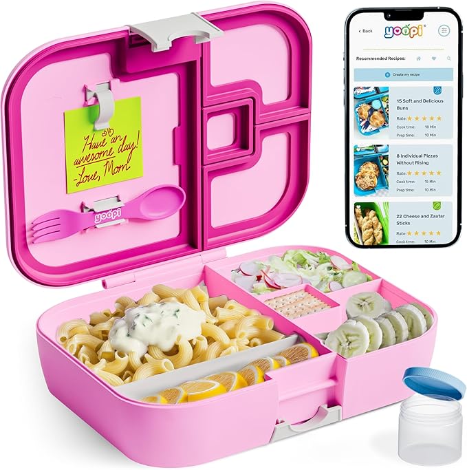 YOOPI Bento Box for Kids, Leak-Proof, BPA-Free School Bento Lunch Box Containers with Compartments. Online Healthy Meal Planning, Durable, Easy-Clean, Eco-Friendly Lunchbox for Girls (Pink).