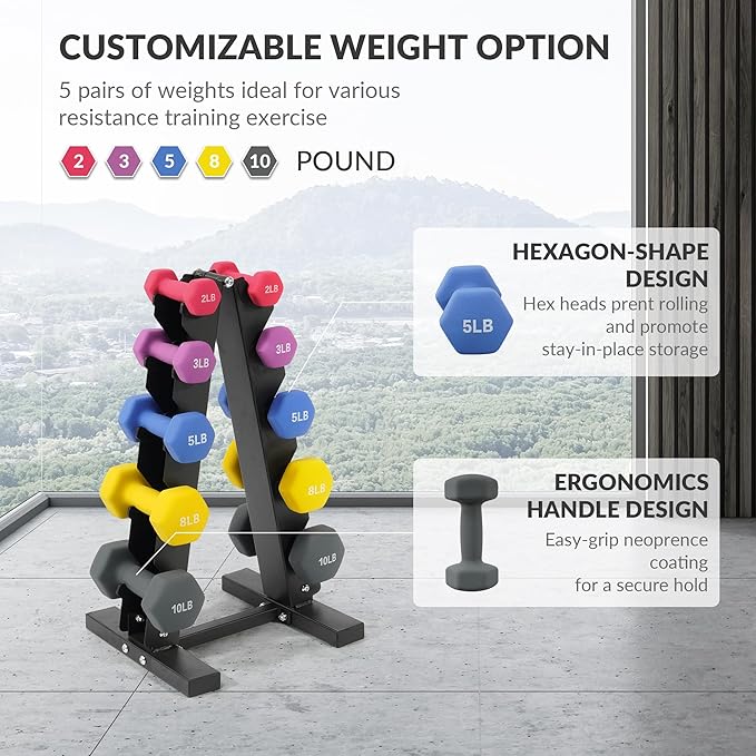 Neoprene Dumbbell Set for Women 2-5 lb | 3 Pairs Hand Weights Set with Rack, Hex Anti-Roll, Color-Coded Home Gym Gifts