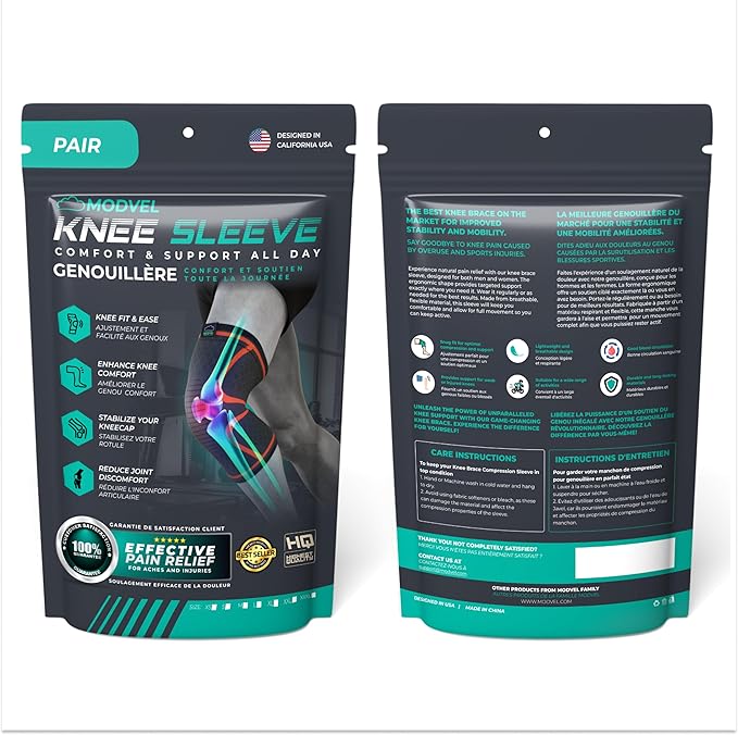 Modvel 2 Pack Knee Brace for Women & Men - Workout Knees Compression Sleeve for Knee Pain Relief Joint Support for ACL, Arthritis, Meniscus Tear Knees Brace for Sports, Rodilleras para Gym Fitness
