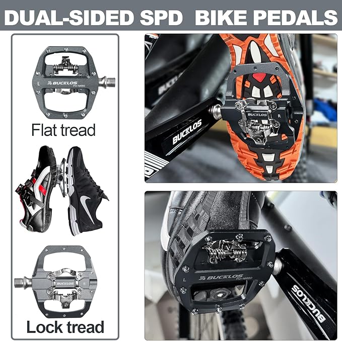 BUCKLOS SPD Pedals PD-M680 Mountain Bike Clip in SPD Flat Combo Dual Sided Pedals - Road Bike MTB Clipless Sealed Bearing Bicycle Clips Pedal Compatible with Shimano SPD Cleats (Black…