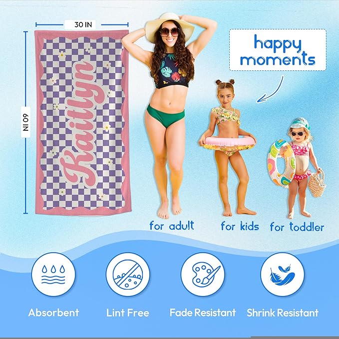 JML Personalized Beach Towel with Name, Custom Flower Beach Towel, Customized Microfiber Pool Towel, Quick Dry & Absorbent Swim Towel for Adult,Anniversary, Birthday, Summer Holiday,Vacation