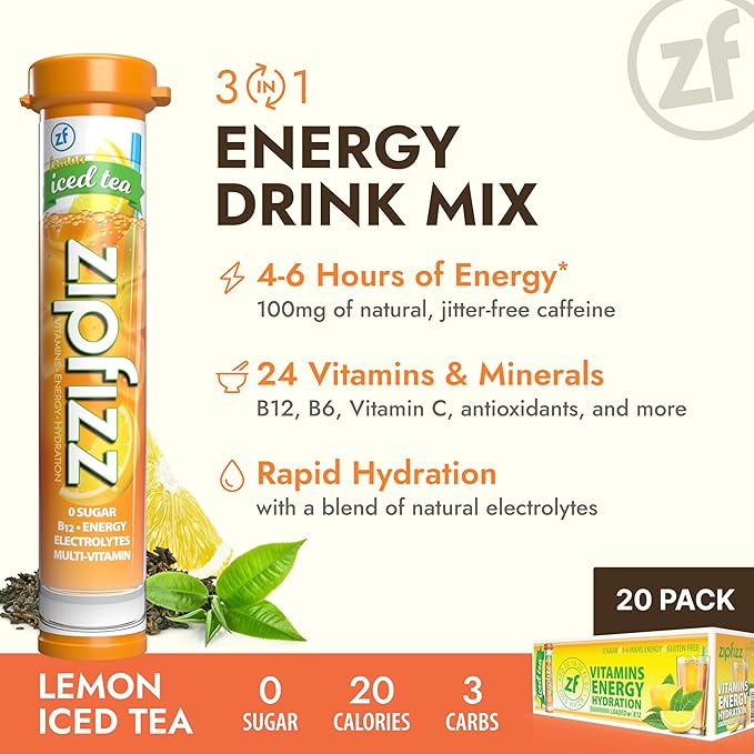 Zipfizz Daily Energy Drink Powder, Lemon Iced Tea, 20 Pack | 3-in-1 Sustained Energy, Rapid Hydration, and Essential Vitamins | Sugar-Free | Electrolyte Powder | Contains Vitamin B-12 & Antioxidants