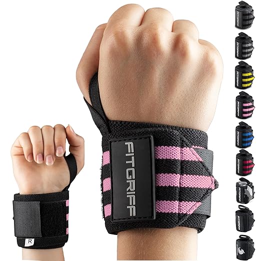 Fitgriff® Wrist Wraps for Weightlifting (18") Heavy-Duty Support for Gym, Bench Press, and Pushups (1 Pair) - for Men and Women (Black/Pink)