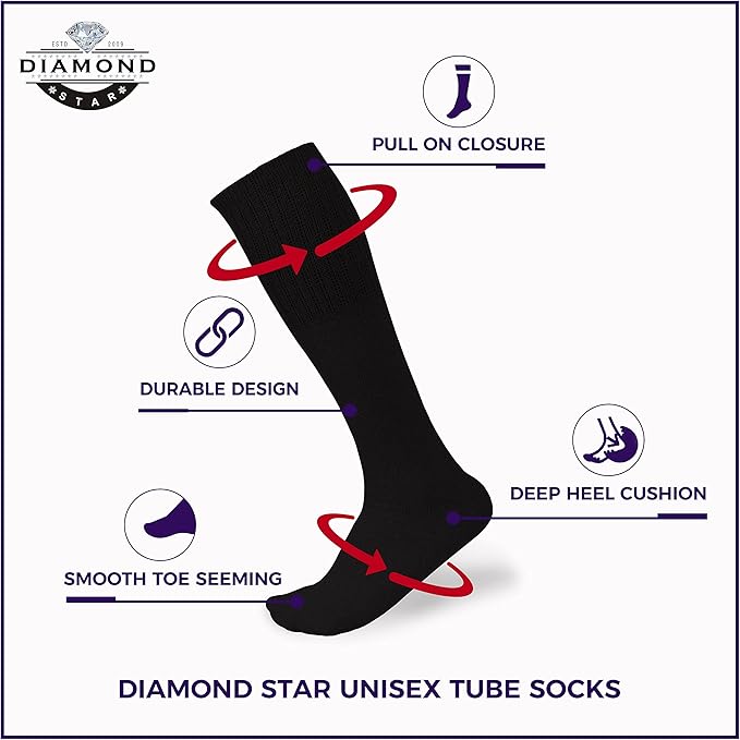 Diamond Star Men's 6 Pack Athletic Tube Socks Running Sports OVER THE CALF Full Cushioned Premium Soft Cotton Big and Tall