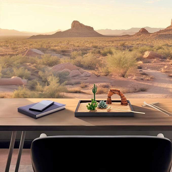 Desert Zen Garden Kit. Premium Home Cactus Decor. 11x8 Sand Tray. 4 Artificial Features, Brown Sand, 3 Handcrafted Wood Tools. Southwestern Desert Decor Zen Garden for Desk Therapy