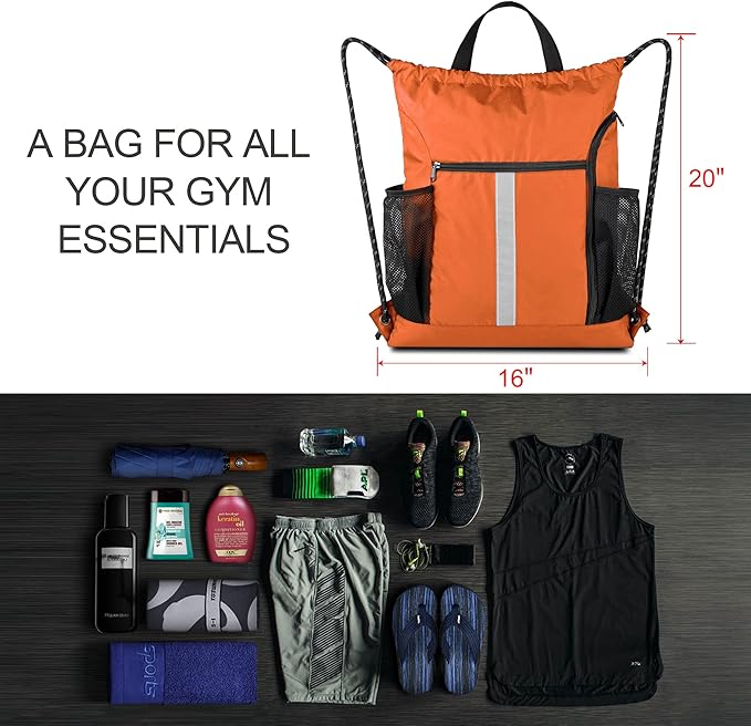BeeGreen Orange Drawstring Backpack Bag Cinch Sack with Shoe Compartment and Two Side Mesh Pockets Lightweight Large Sturdy Drawstring Gym Sackpack For Unisex