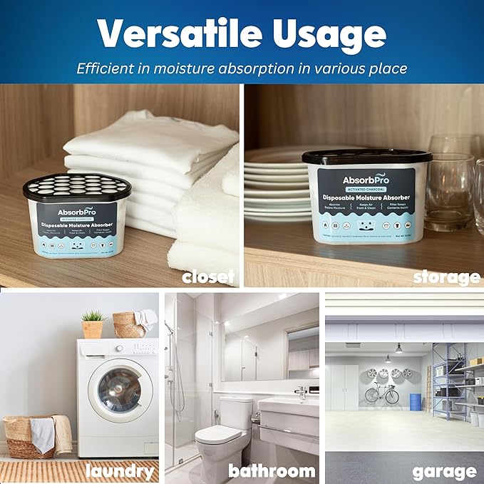 Moisture Absorber Tub with Activated Charcoal - 6-Pack - 10.5 oz Disposable Odor Eliminator Box & Dehumidifier for Garage, Home, Kitchen, Bedroom, Bathroom, Closet, Cars, and Boats