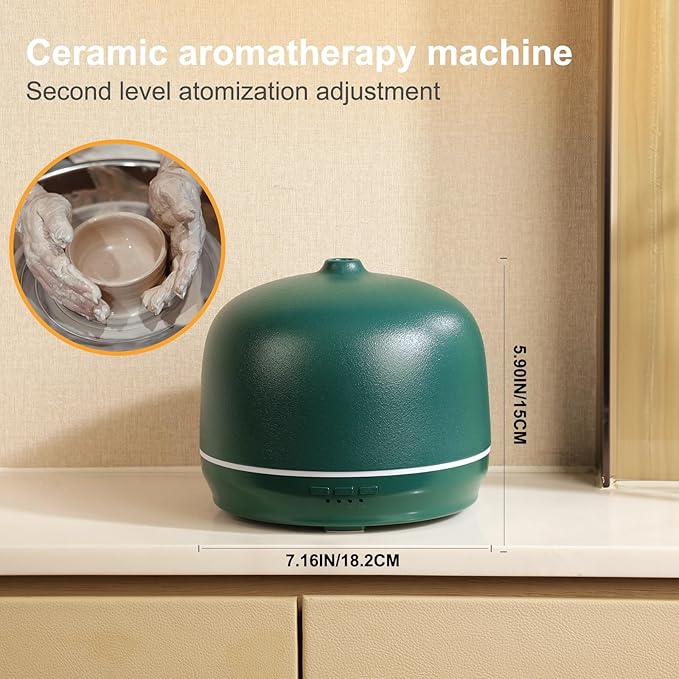 Ceramic Essential Oil Diffusers for Home Large Room, 500ml Aromatherapy Scent Air Diffuser Bedroom Ultrasonic Aroma Defusers with Timed -Green