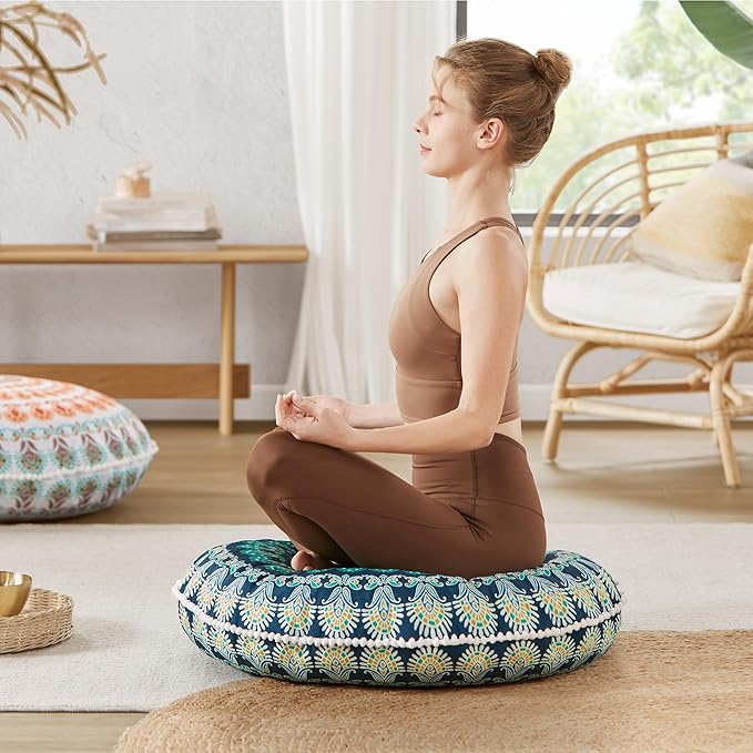 Codi Meditation Floor Pillow, Round Large Pillows Seating for Adults, Bohemian Mandala Circle Cushion for Outdoor Fireplace Yoga Living Room, 32 Inch, Memory Foam Added, Green