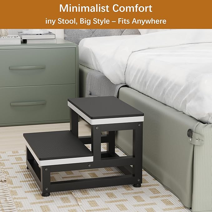 GIOTORENT 2 Step Stool Black with 1cm Non-Slip Pads - Heavy Duty 500lbs Wooden Step Stools for Adults, Bed Steps for High Beds, Adjustable Feet Kitchen Step Stool