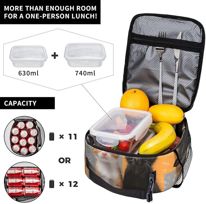 Insulated Lunch Box for Women Men, Yellow and Black Cat Lunch Box Reusable Portable Lunch Bag Cooler Tote Waterproof Lunch Container for Office Picnic Work Travel Hiking