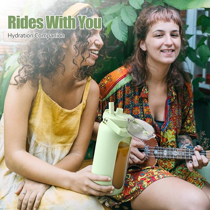 BLUEGO 64oz Glass Water Bottle with Handle and Straw, Motivational Sports Water Bottle with Time Marker and Silicone Sleeve Leakproof Drinking Bottle for Travel Gym Workout, Light Green