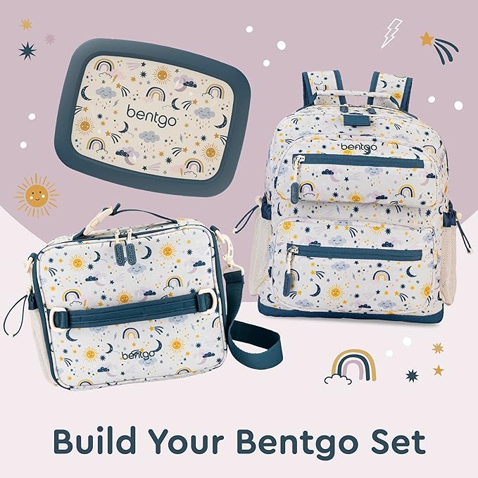 Bentgo Kids Lunch Bag - Durable, Double-Insulated Lunch Bag for Kids 3+; Holds Lunch Box, Water Bottle, & Snacks; Easy-Clean Water-Resistant Fabric & Multiple Zippered Pockets (Friendly Skies)