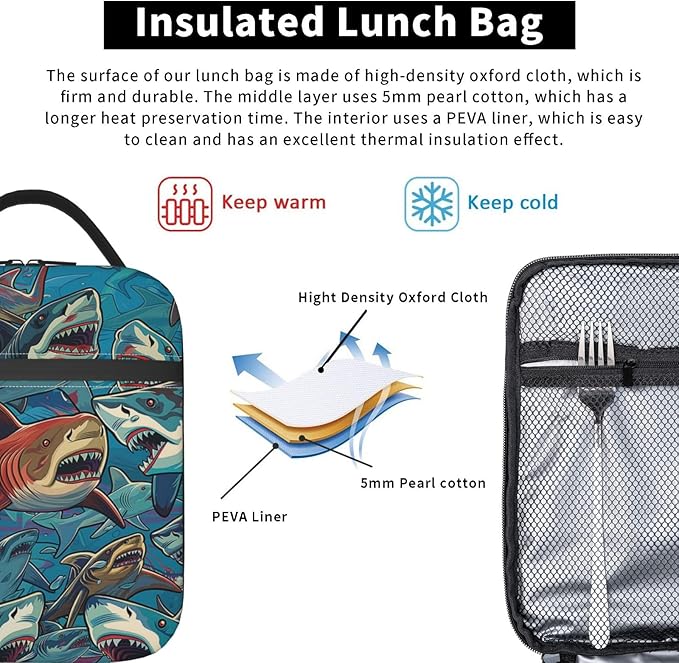 Cool Cartoon Shark Print Insulated Lunch Box Gifts for Kids Adults Colorful Marine Life Design Reusable Portable Lunchbox Cooler Lunchbag for Work Picnic School Travel or Hiking