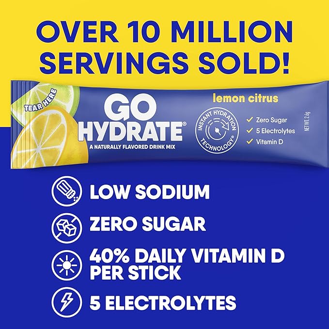 GoHydrate Instant Hydration Powder Packets - Low Sodium Electrolytes Drink Mix - Natural Hydration Support, Sugar Free Electrolyte Flavored Powder Drink with Vitamin D, 30 Packs, Lemon Citrus