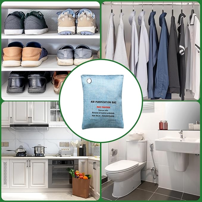 4 Pack charcoal odor absorber,Bamboo Charcoals Air Purifying Bag Charcoals Deodorizer Eliminator for Strong Odors in Car, Closet, Shoe, Basement (100G* 4 Pack Blue, Unscented)