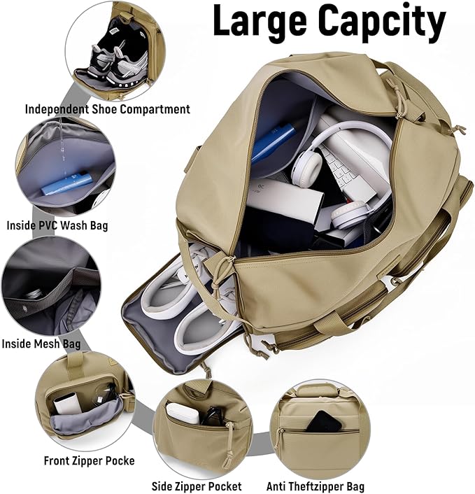 Duffle Bag for Men Women, Gym Bags & Tactical Duffle Bag with Shoe Compartment, Weekender Overnight Bag for Travel Workout, Khaki