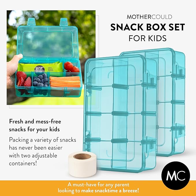 Snack Box Containers Set of 2-Reusable,100 Dissolvable Labels, 8 Adjustable Compartments, Dishwasher Safe, BPA-Free, Meal Prep Container, PARENT TESTED PARENT APPROVED AWARD (2 Pack) (Blue)