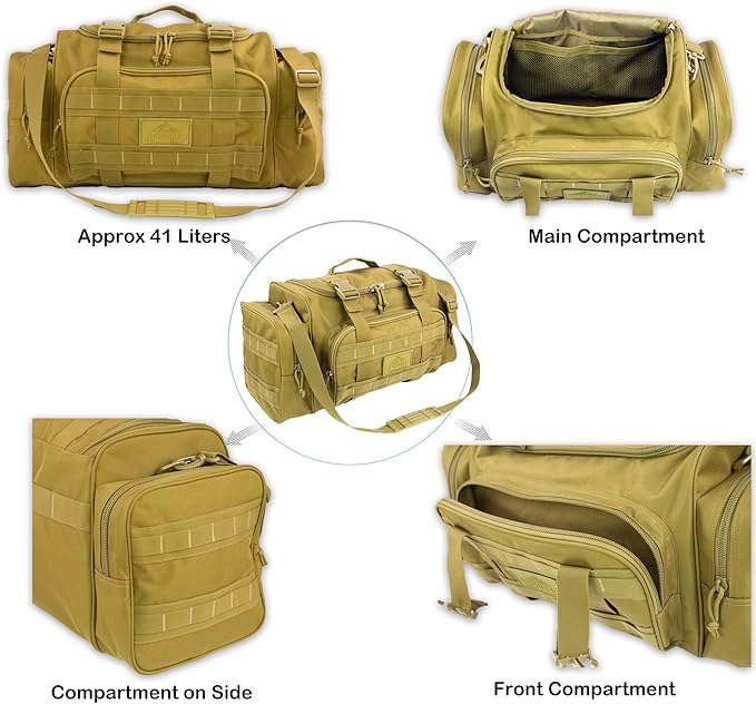 Duffel Bag – Heavy Duty Tactical Gym Bag for Men, Splashwater-Proof Weekender Travel Bag for Basketball, Football, Soccer, Hiking, and Hunting (Khaki)