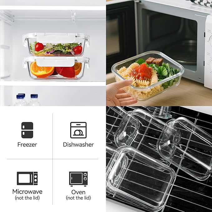 BAYZZ 10 Pack 22 oz Glass Meal Prep Containers, Glass Food Storage Containers with Airtight Lids, BPA-Free, Freezer and Microwave Safe, White