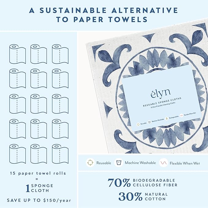 ELYN Swedish Dishcloths, Reusable & Washable Sponge Cloths, Absorbent Cleaning Paper Towels for Kitchen, Dishes, Counters and More, 10 Pack, Assorted Morrocan, Stripe & Plaid Patterns