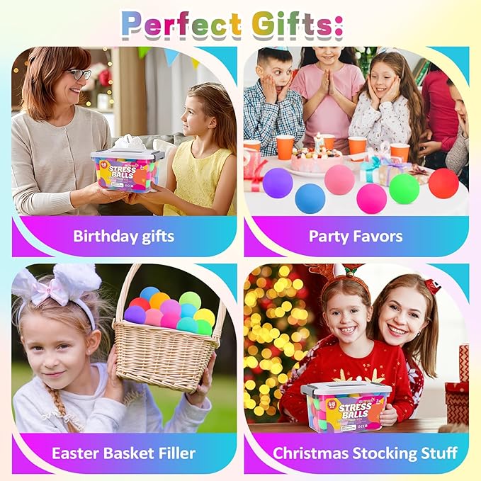 48 Pack Slow Rising Stress Ball,Stress Balls for Kids Adults,Stretchy Fidget Toys for Anxiety Relief,Hand Therapy Sensory Squishy Ball,Squishy Toys,Treasure Prize Box Toys for Kids Classroom