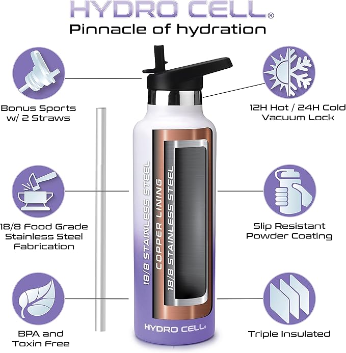 HYDRO CELL Stainless Steel Water Bottle with Straw & 2 Standard Mouth Lids (32oz 24oz 20oz 16oz) Keeps Liquids Hot or Cold w/Double Wall Vacuum Insulated Leak Proof Sport Design (Lavender/White 24oz)