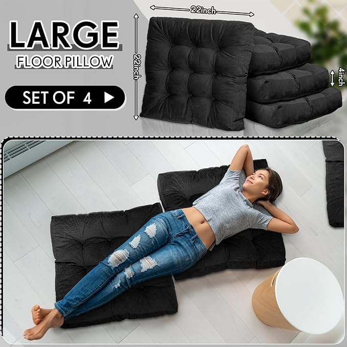 Jerify Floor Pillow Cushions 22 x 22 Inch Round Square Large Meditation Floor Pillow for Classroom Adult Meditation Picnic Party Cushion for Seating Gift Christmas(Square,Black,4 Pcs)