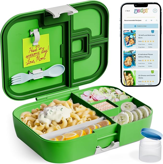 YOOPI Digital bento lunch box for kids offers ideal portion sizes. Leakproof, lightweight and dishwasher-safe, this durable bento box for kids & toddler is also BPA-free, available in a vibrant Green