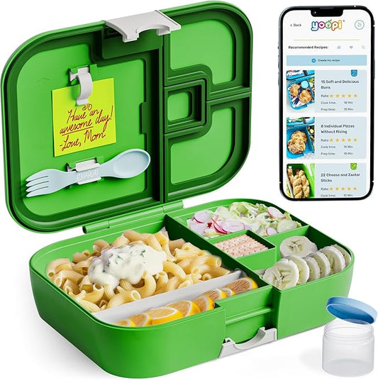 YOOPI Digital bento lunch box for kids offers ideal portion sizes. Leakproof, lightweight and dishwasher-safe, this durable bento box for kids & toddler is also BPA-free, available in a vibrant Green