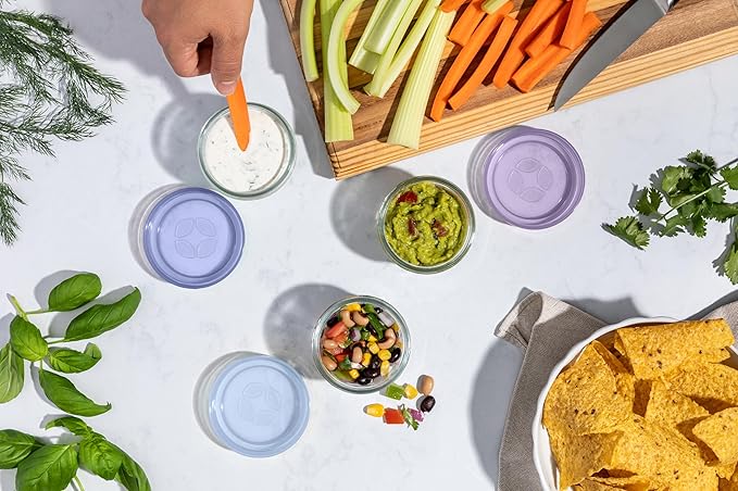Ello Color Lock 3-Pack 4oz Reusable Glass Condiment Containers with Screw-on Leak-Proof Lid, Perfect for Salad Dressing Sauce Dips, Lunchbox Picnic, BPA-Free, Purple Rain