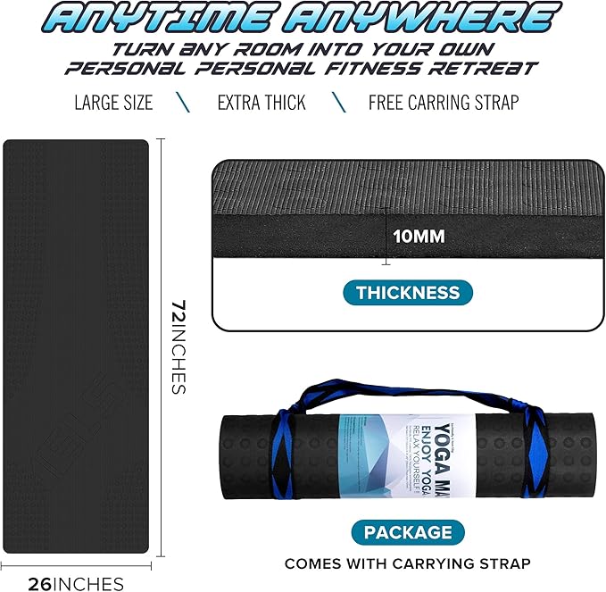 JELS Extra Thick Yoga Mat, 2/5 inch, Ergonomic 3D Non Slip Design, SGS Certified TPE Material, Yoga Mat for Men Women with Carrying Strap,Exercises Mat for Yoga, Pilates and Floor Workout(72"x26")…