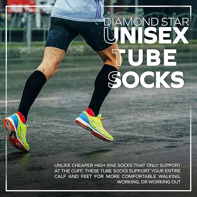 Diamond Star Men's 6 Pack Athletic Tube Socks Running Sports OVER THE CALF Full Cushioned Premium Soft Cotton Big and Tall