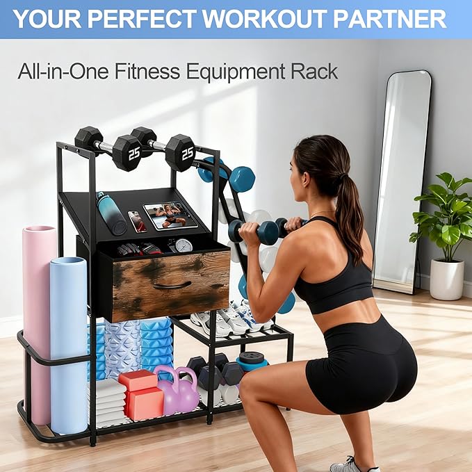 Dumbbell Rack for Home Gym, 5-Tier Metal Home Gym Storage Rack with Drawer and Slanted Shelf, Multi-Functional Organizer for Dumbbells, Yoga Mats & Accessories, Weight Rack for Home Gym Dumbbells