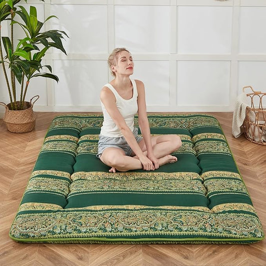 Japanese Floor Mattress, Futon Mattress with Portable Storage Bag and Washable Cover, Roll Up Thick Tatami Mat Suitable for Camping, Guest Room (Boho Green, Full)