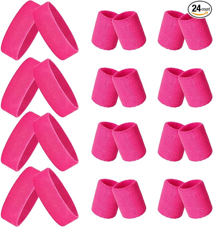24 Pieces 80s Neon Sweatbands Set, Include 8 Sports Headbands and 16 Sweat Wristbands Elastic Athletic Tennis Sweat Bands Bulk for Man Woman