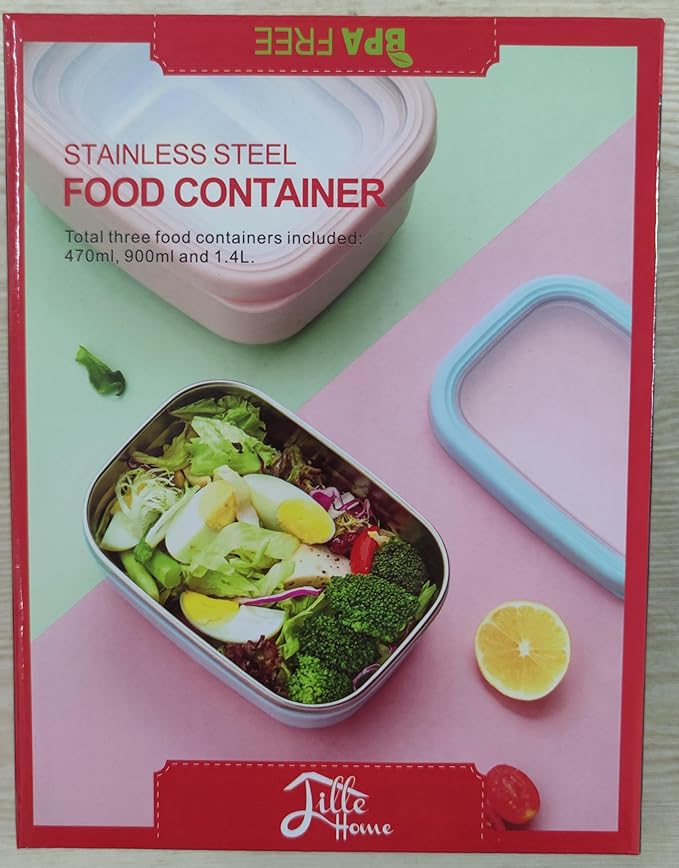 Lille Home Leak Proof Salad Container Stainless for Lunch - Snack Containers Steel - Ideal for Educational Settings & Daycare - Nesting Trio with Silicone Lids - 47oz+30oz+16oz - Blue