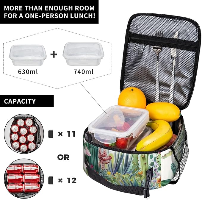 Cactus Lunch Box for Women Adults Kids, Insulated Cooler Lunch Bag for Picnic, School, Office, Travel, Work, Portable Reusable Polyester Tote Thermal Lunch Bags (Cactus & Floral)