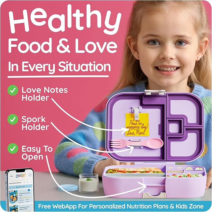 YOOPI Bento Box for Kids, Leak-Proof, BPA-Free School Bento Lunch Box Containers with Compartments. Online Healthy Meal Planning, Durable, Easy-Clean, Eco-Friendly Lunchbox for Girls (Lilach)