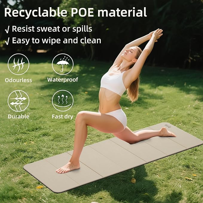 Foldable Yoga Excercise Mat 71"L x 24"W, Odourless Light Weight POE Mat For Home Fitness and Gym Workouts, 1/4 inch Non-slip Design for All Types of Yoga Pilates